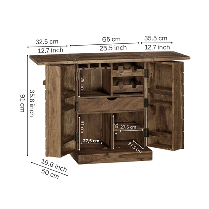 vintage wooden bar cabinet with doors open showing bottle storage shelves, wine rack, glass holder and drawer storage