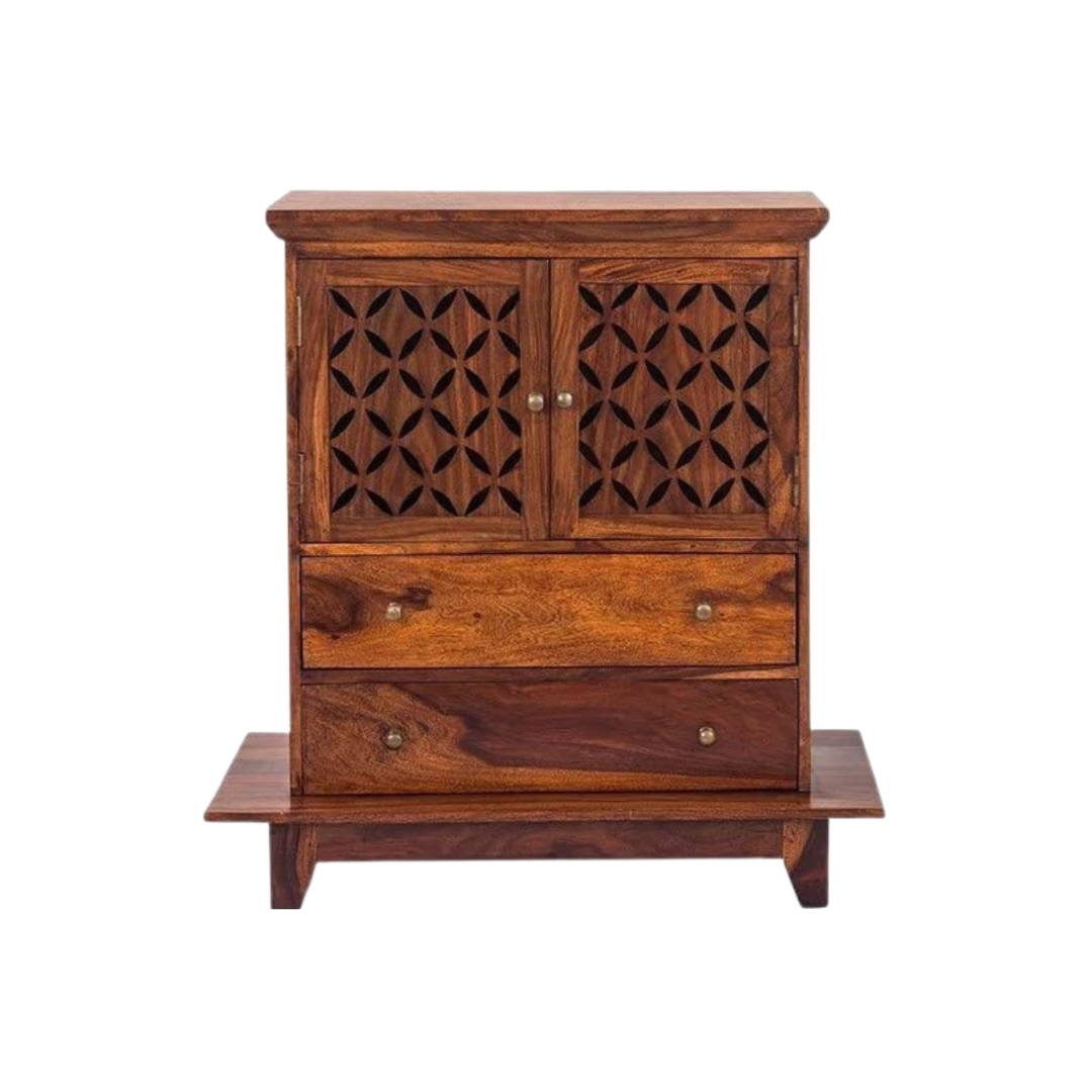 Modern small mandir for home with carved wooden doors, storage drawers, solid wood finish, and elegant pooja temple design.