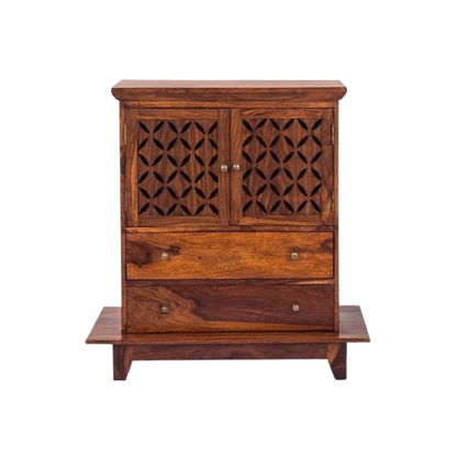 Modern small mandir for home with carved wooden doors, storage drawers, solid wood finish, and elegant pooja temple design.
