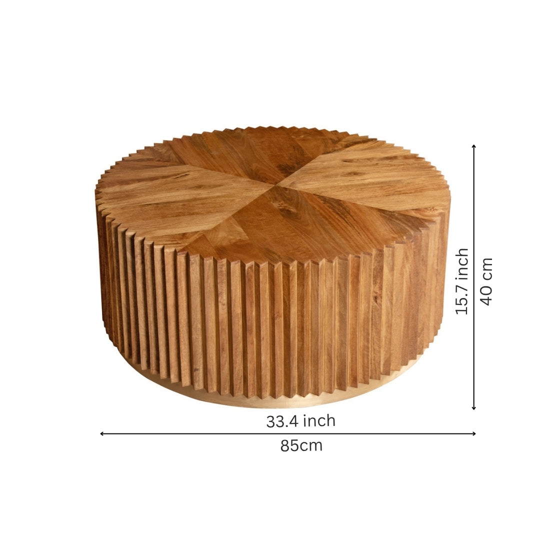 Reeded Round Wooden Coffee Table with Brass Base