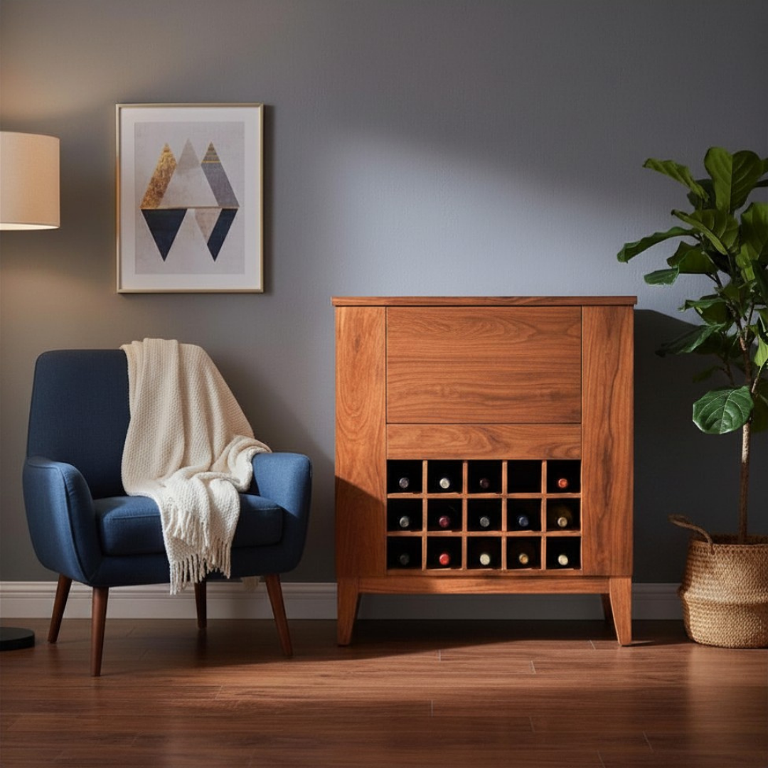 wooden wine cabinet with built-in wine rack, fold-out serving shelf, glass holders and bottle storage in modern living room