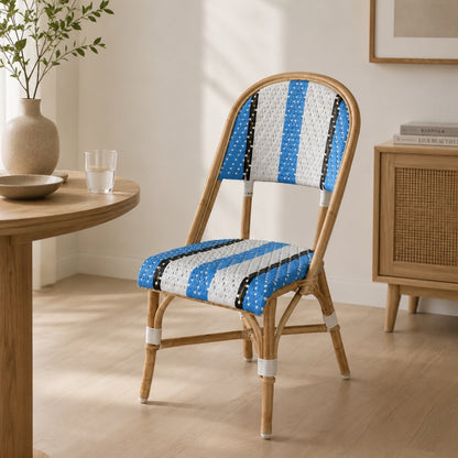 Classic French Bistro Rattan Chair with Blue and White Weave