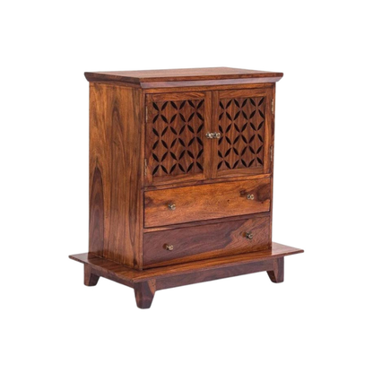 Modern small mandir for home with carved wooden doors, storage drawers, solid wood finish, and elegant pooja temple design.