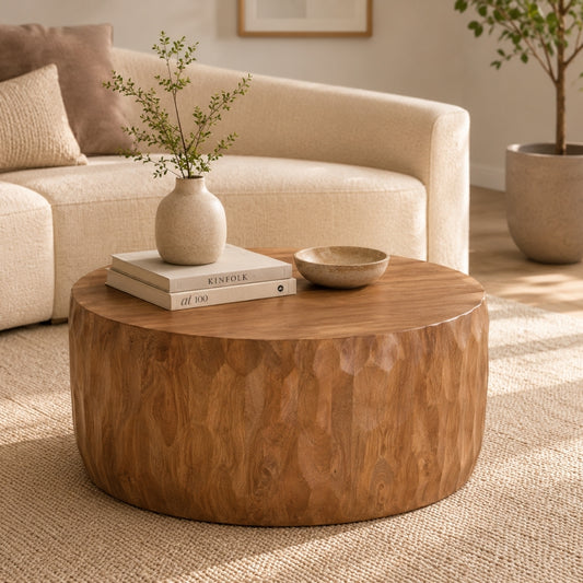 Hand-Carved Scalloped Wooden Drum Coffee Table
