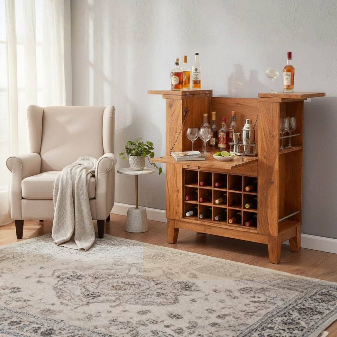 wooden wine cabinet with built-in wine rack, fold-out serving shelf, glass holders and bottle storage in modern living room