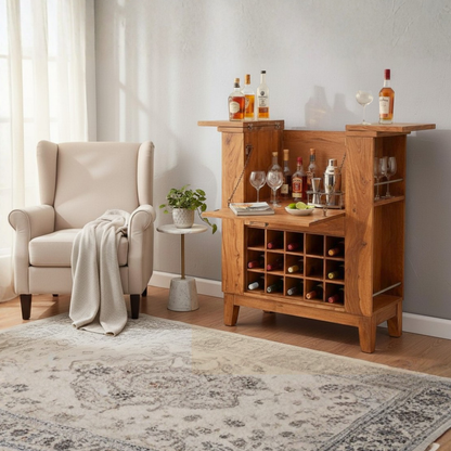 wooden wine cabinet with built-in wine rack, fold-out serving shelf, glass holders and bottle storage in modern living room