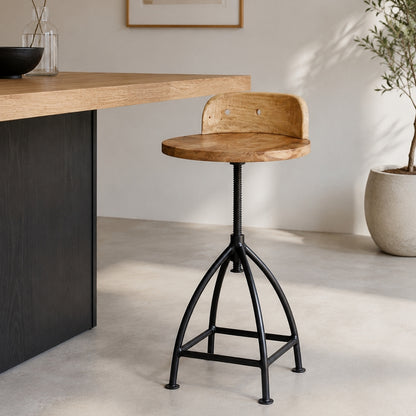 Industrial Adjustable Swivel Bar Stool with Curved Wooden Backrest