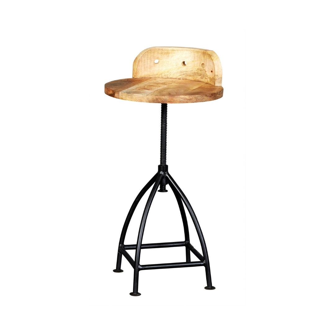 Industrial Adjustable Swivel Bar Stool with Curved Wooden Backrest