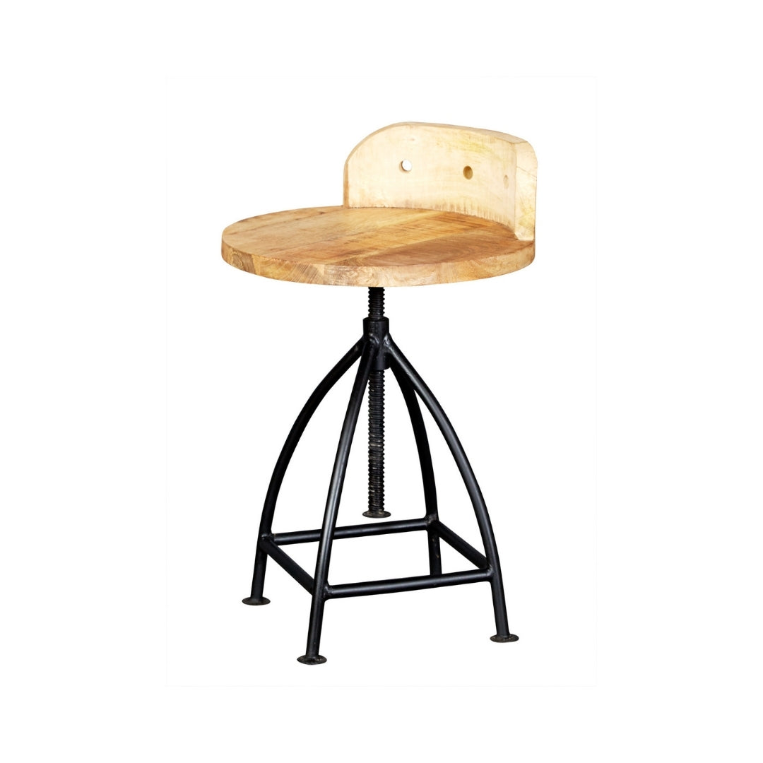 Industrial Adjustable Swivel Bar Stool with Curved Wooden Backrest