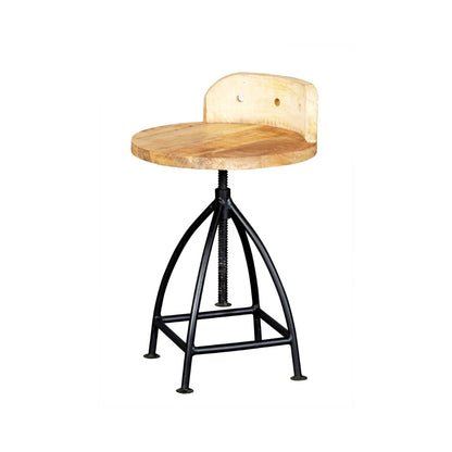 Industrial Adjustable Swivel Bar Stool with Curved Wooden Backrest