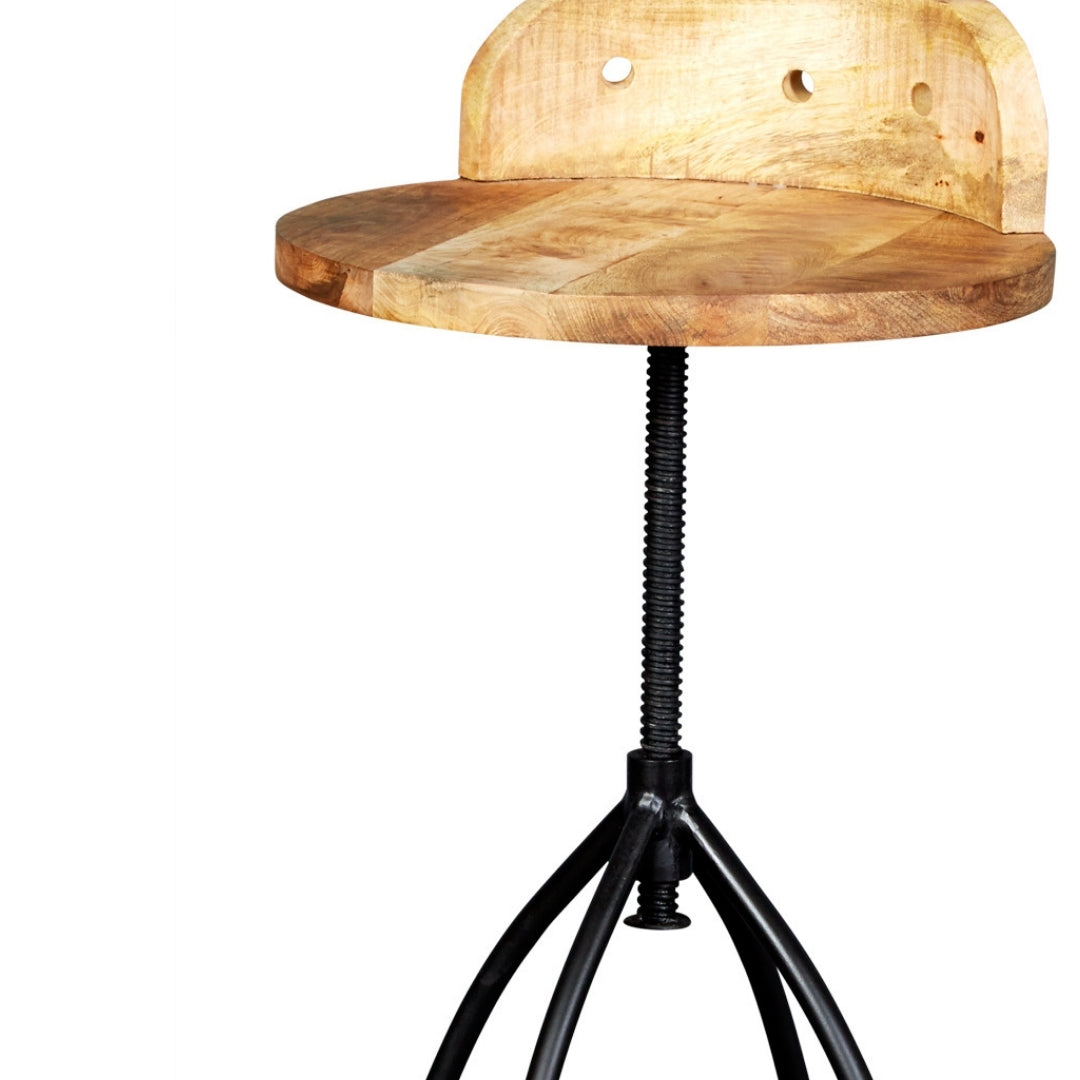 Industrial Adjustable Swivel Bar Stool with Curved Wooden Backrest