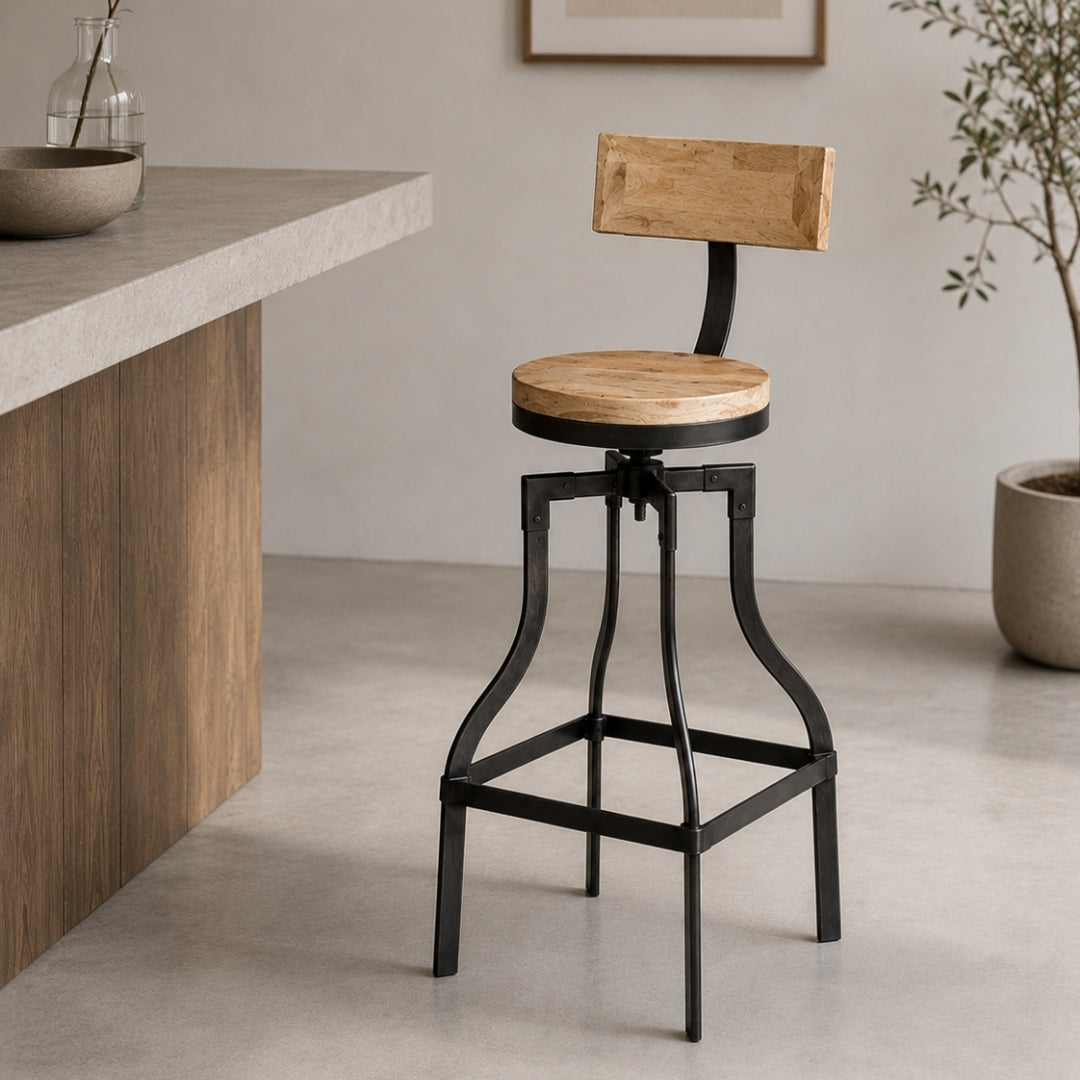 Industrial Adjustable Swivel Bar Stool with Rectangular Wooden Backrest