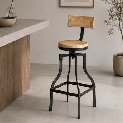 Industrial Adjustable Swivel Bar Stool with Rectangular Wooden Backrest