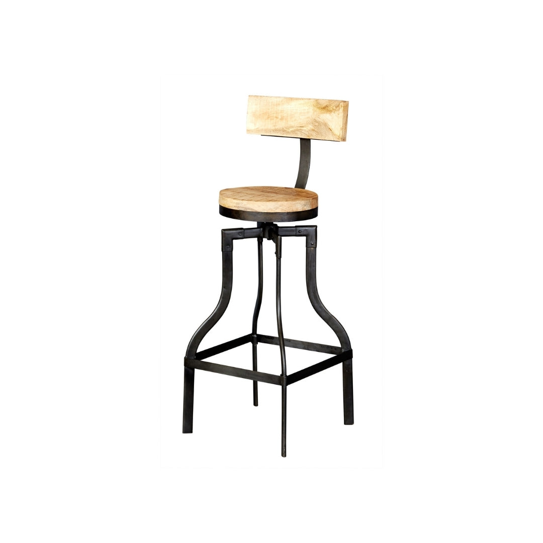 Industrial Adjustable Swivel Bar Stool with Rectangular Wooden Backrest