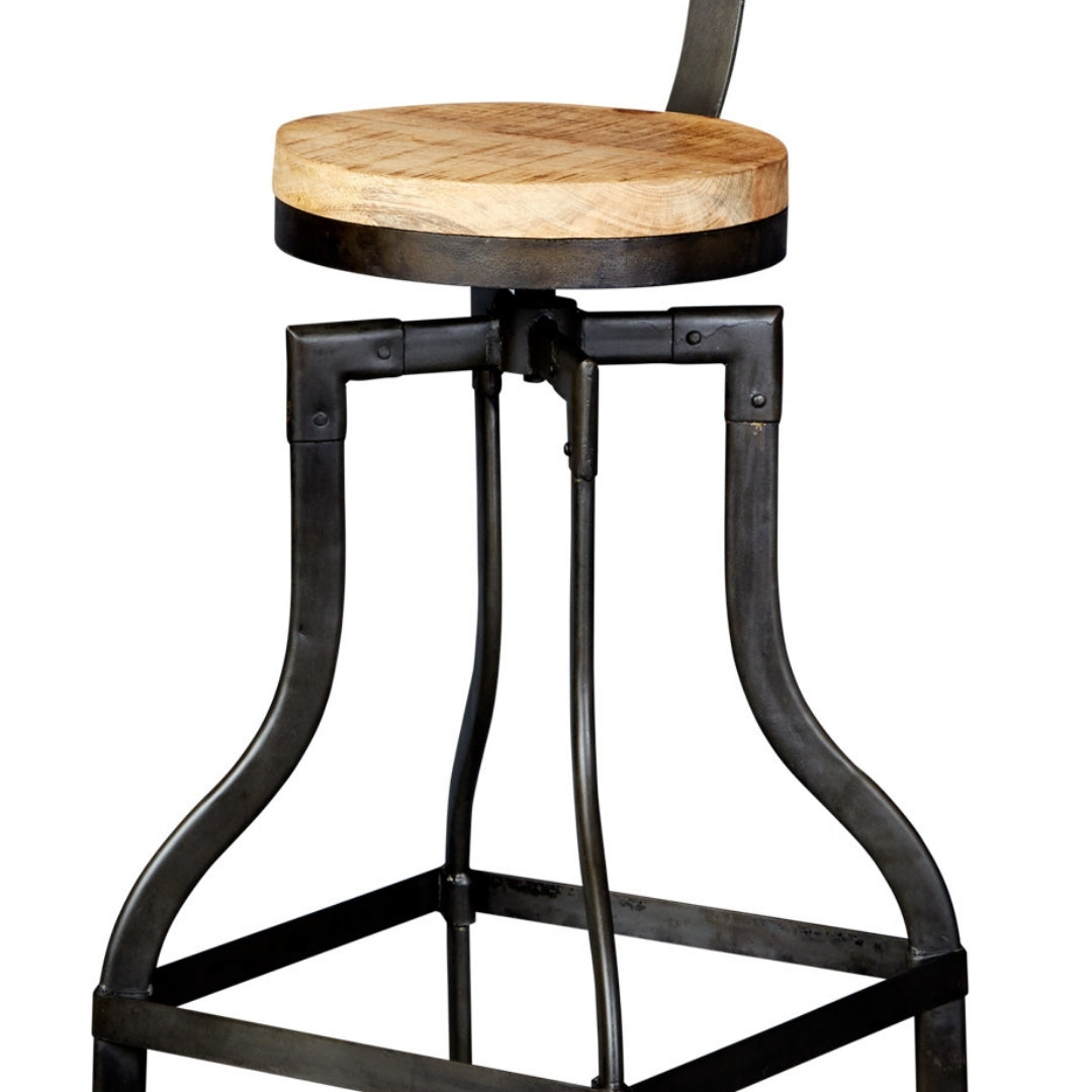 Industrial Adjustable Swivel Bar Stool with Rectangular Wooden Backrest