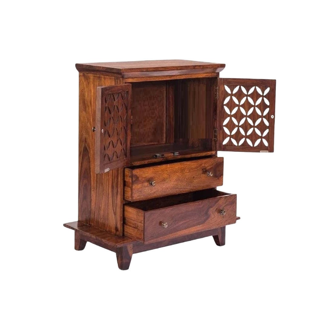 Modern small mandir for home with carved wooden doors, storage drawers, solid wood finish, and elegant pooja temple design.