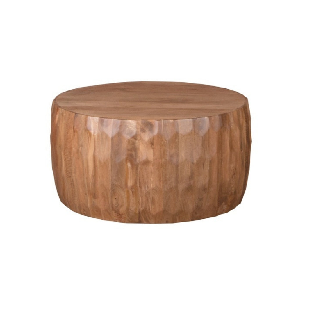 Hand-Carved Scalloped Wooden Drum Coffee Table