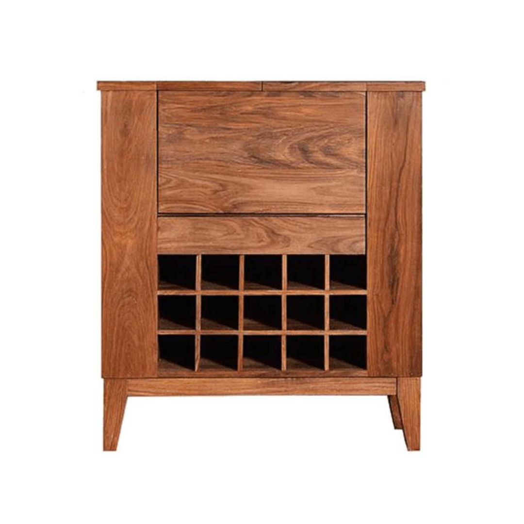 wooden wine cabinet with built-in wine rack, fold-out serving shelf, glass holders and bottle storage in modern living room