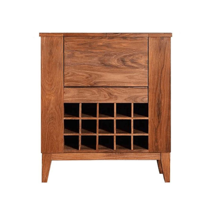 wooden wine cabinet with built-in wine rack, fold-out serving shelf, glass holders and bottle storage in modern living room