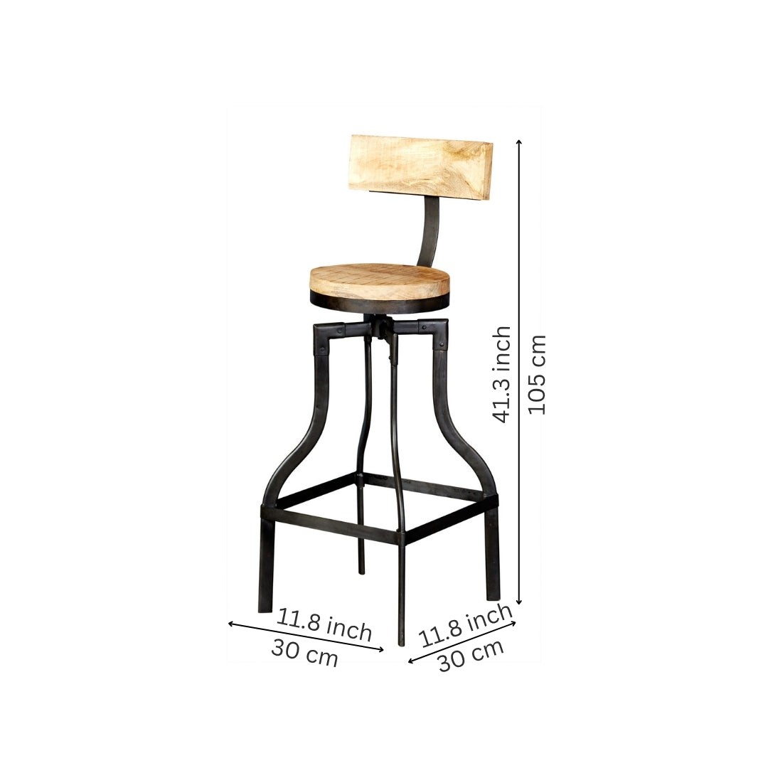 Industrial Adjustable Swivel Bar Stool with Rectangular Wooden Backrest