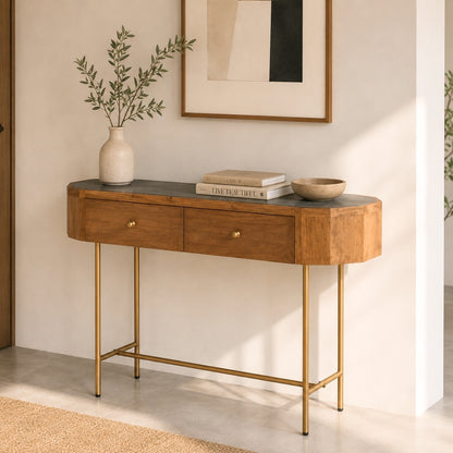 Modern Capsule Wooden Console Table with Gold Legs and Drawers