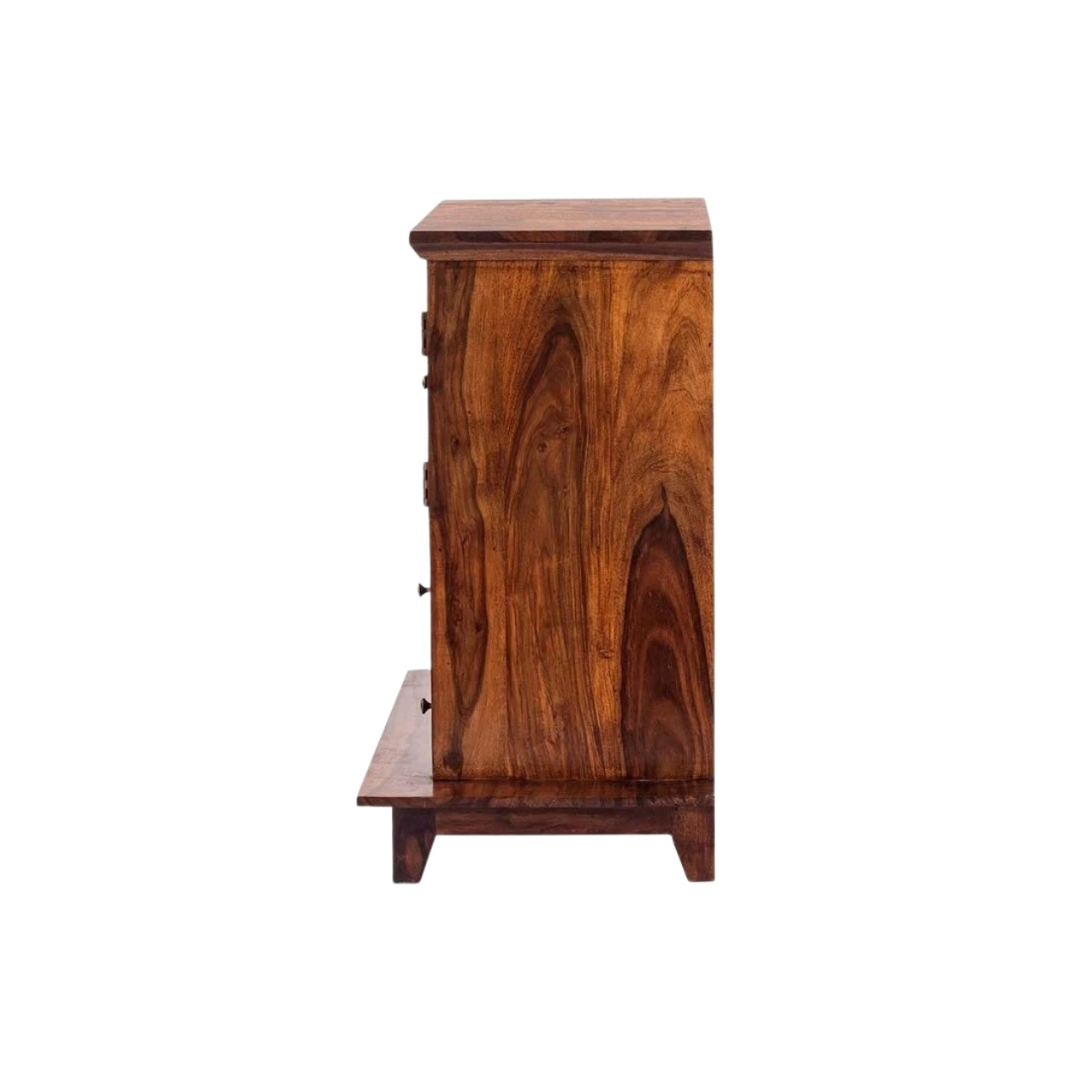 Modern small mandir for home with carved wooden doors, storage drawers, solid wood finish, and elegant pooja temple design.