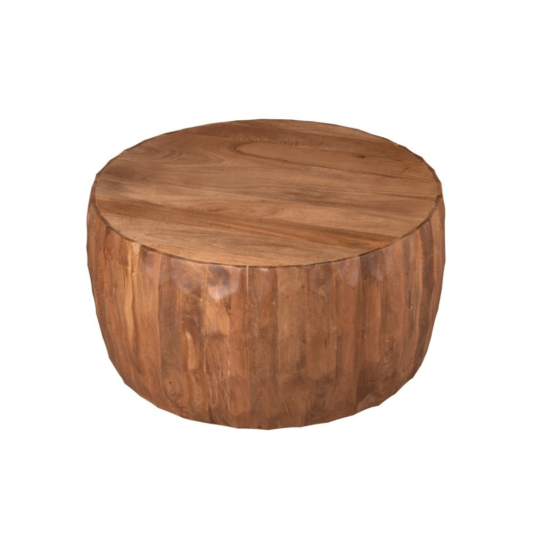 Hand-Carved Scalloped Wooden Drum Coffee Table