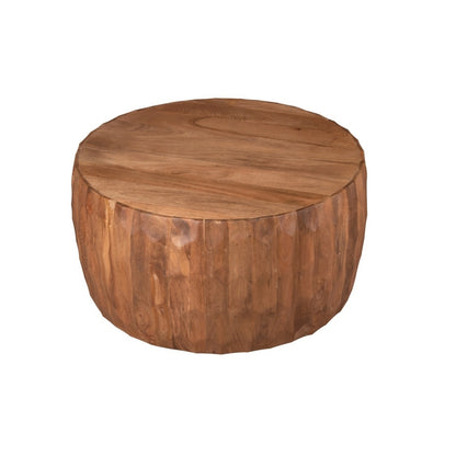 Hand-Carved Scalloped Wooden Drum Coffee Table