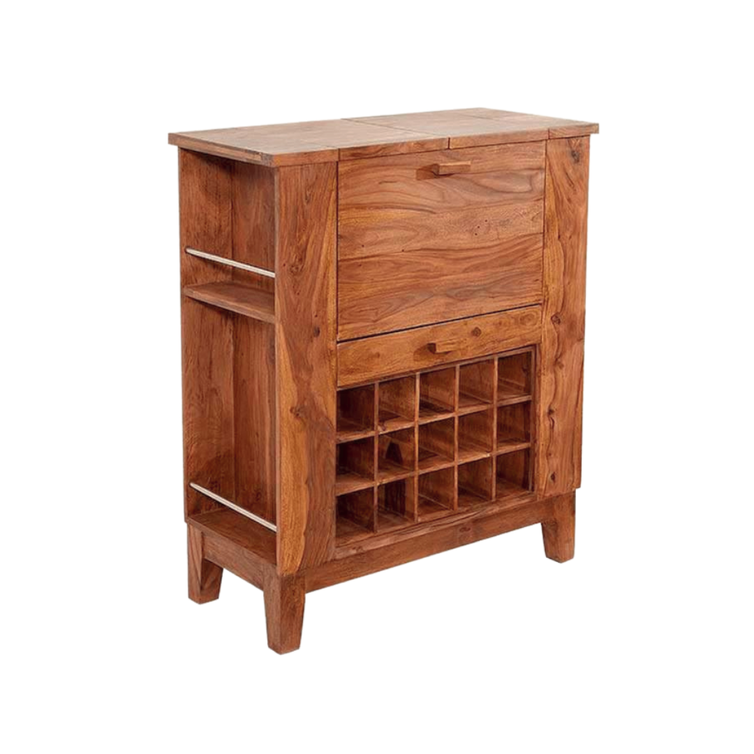 wooden wine cabinet with built-in wine rack, fold-out serving shelf, glass holders and bottle storage in modern living room
