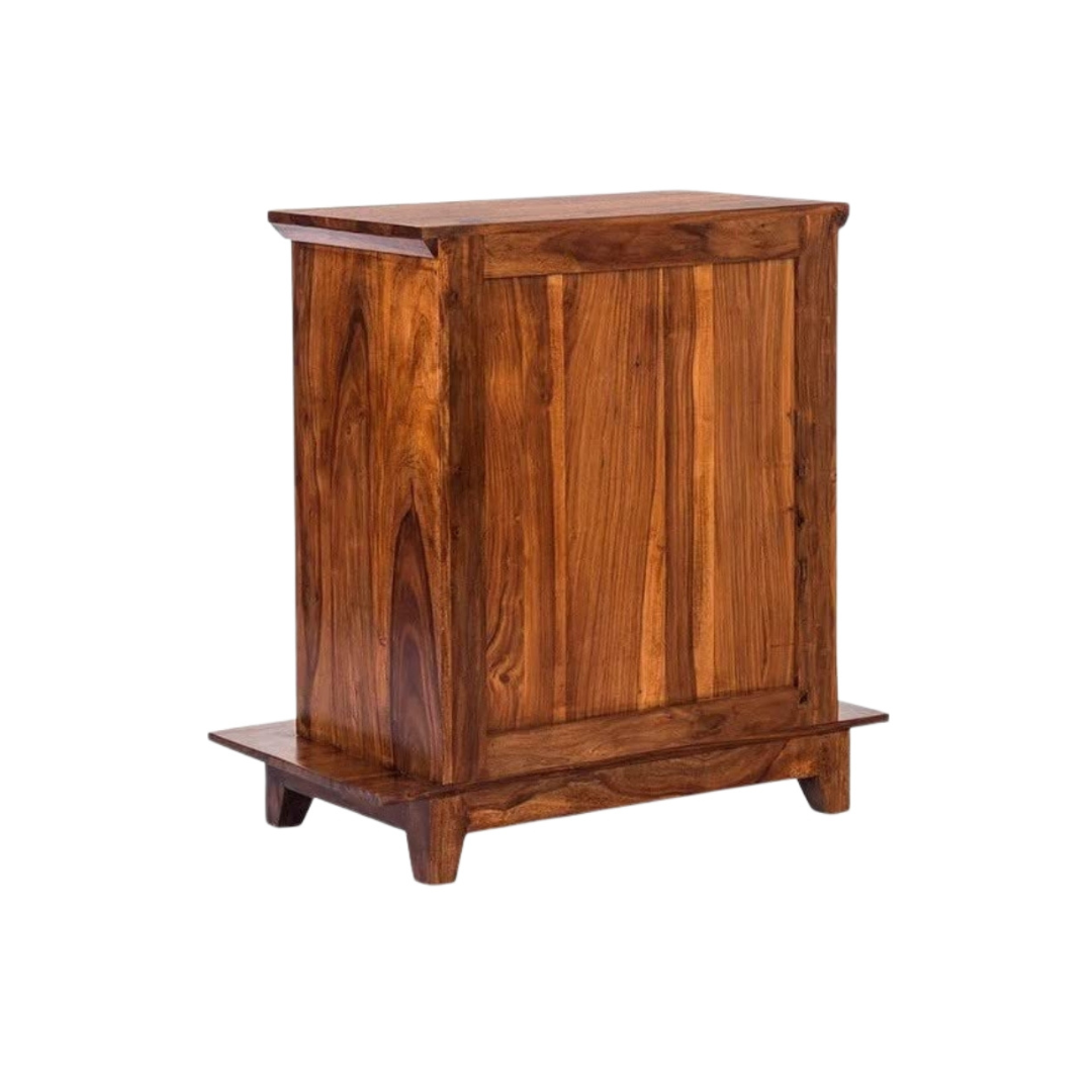 Modern small mandir for home with carved wooden doors, storage drawers, solid wood finish, and elegant pooja temple design.