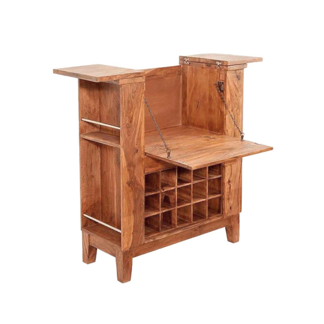 wooden wine cabinet with built-in wine rack, fold-out serving shelf, glass holders and bottle storage in modern living room