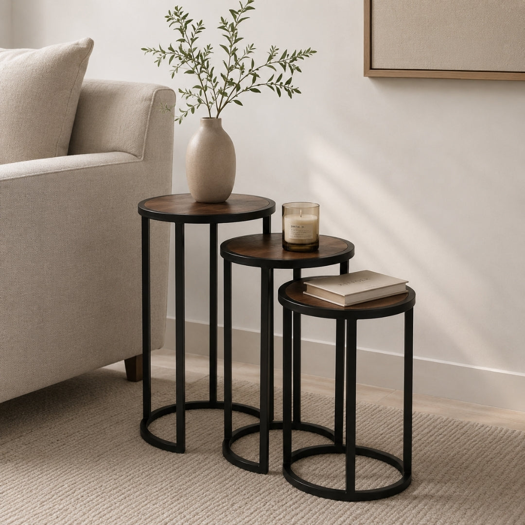 Modern Industrial Round Nesting Side Tables - Set of 3