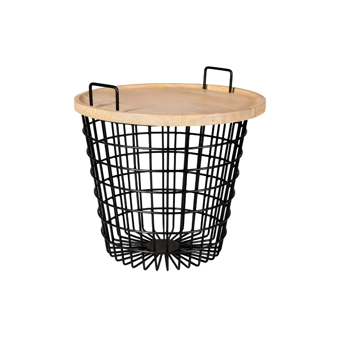 Modern Round Wire Basket Storage Side Table with Wood Tray Top