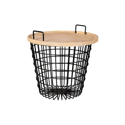 Modern Round Wire Basket Storage Side Table with Wood Tray Top