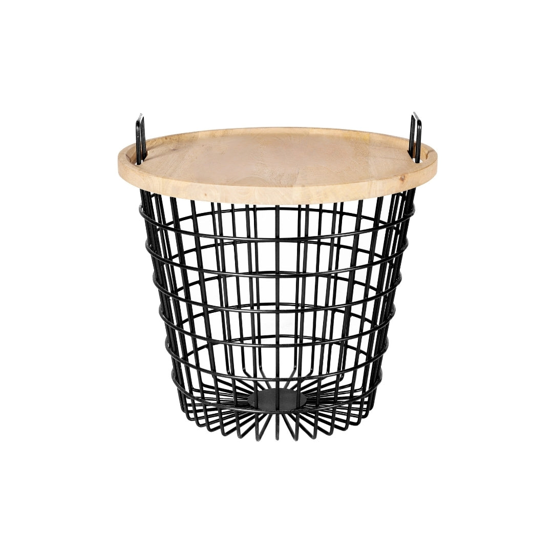 Modern Round Wire Basket Storage Side Table with Wood Tray Top