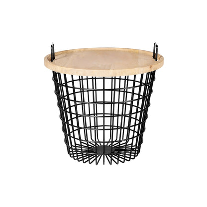 Modern Round Wire Basket Storage Side Table with Wood Tray Top
