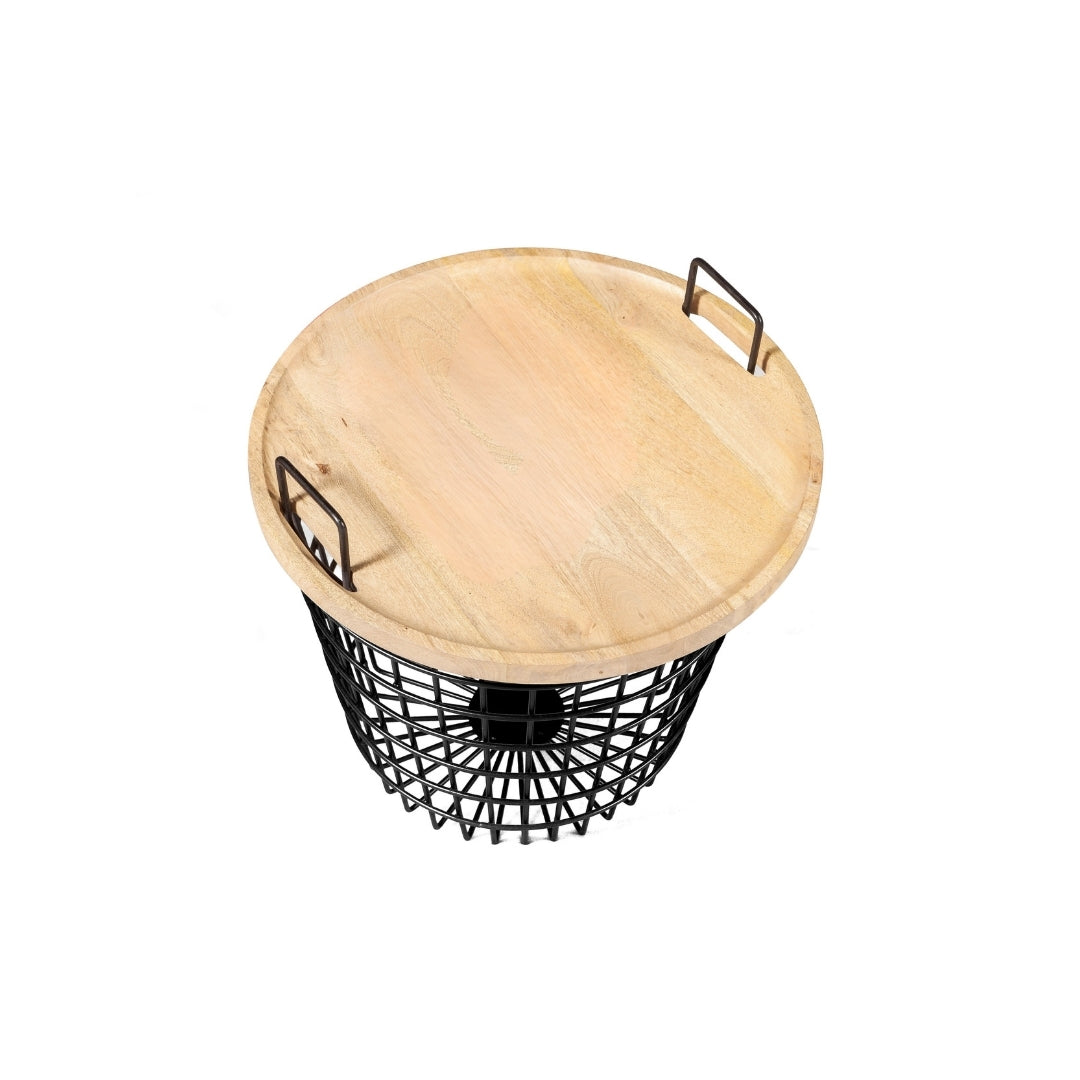 Modern Round Wire Basket Storage Side Table with Wood Tray Top