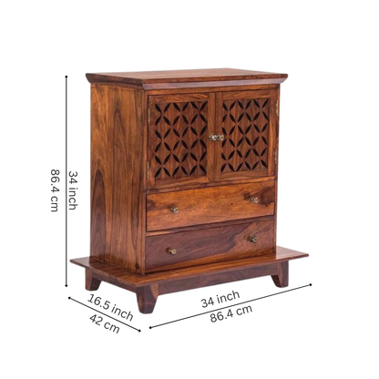 Modern small mandir for home with carved wooden doors, storage drawers, solid wood finish, and elegant pooja temple design.
