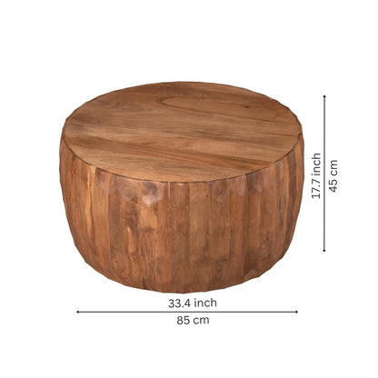 Hand-Carved Scalloped Wooden Drum Coffee Table