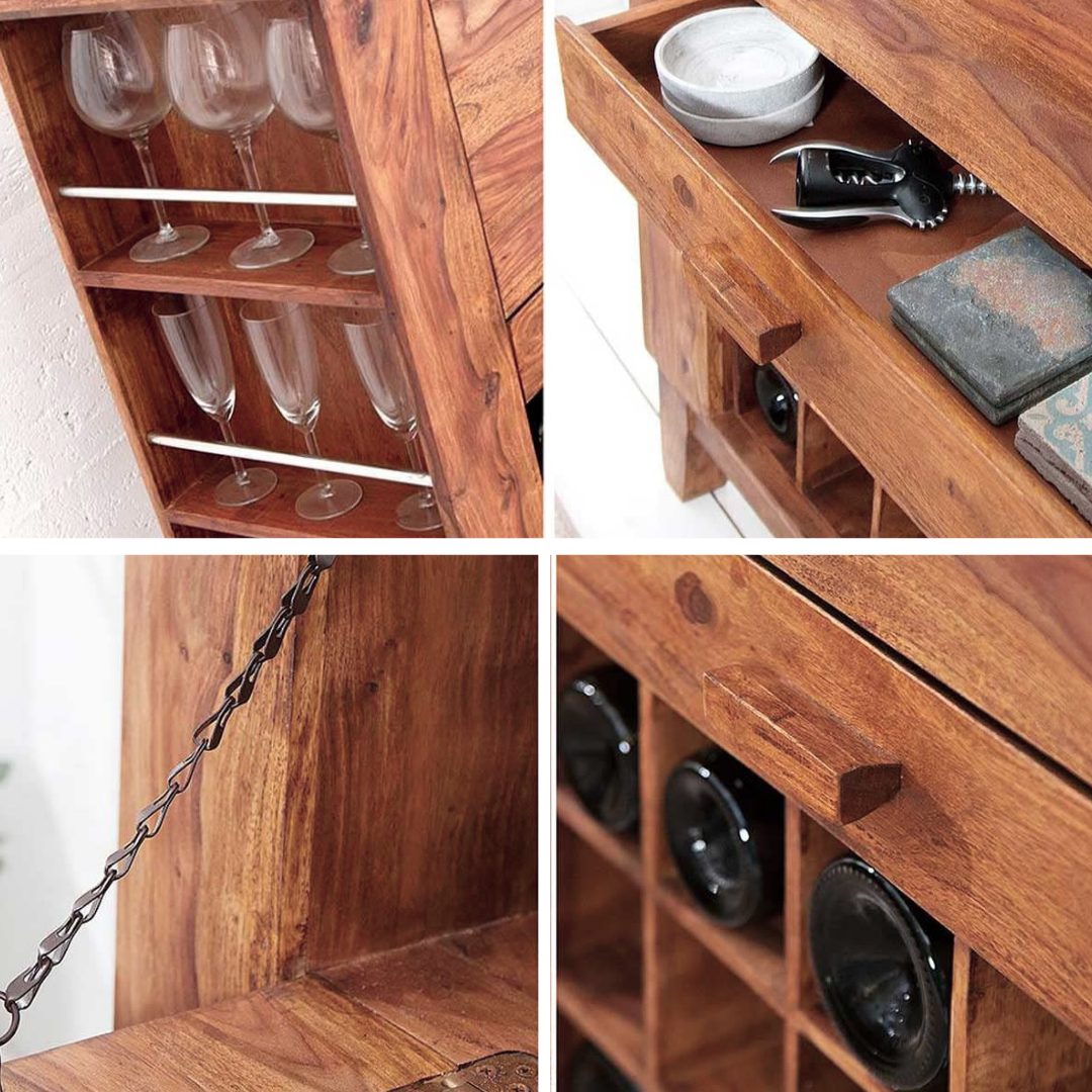 wooden wine cabinet with built-in wine rack, fold-out serving shelf, glass holders and bottle storage in modern living room