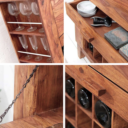 wooden wine cabinet with built-in wine rack, fold-out serving shelf, glass holders and bottle storage in modern living room