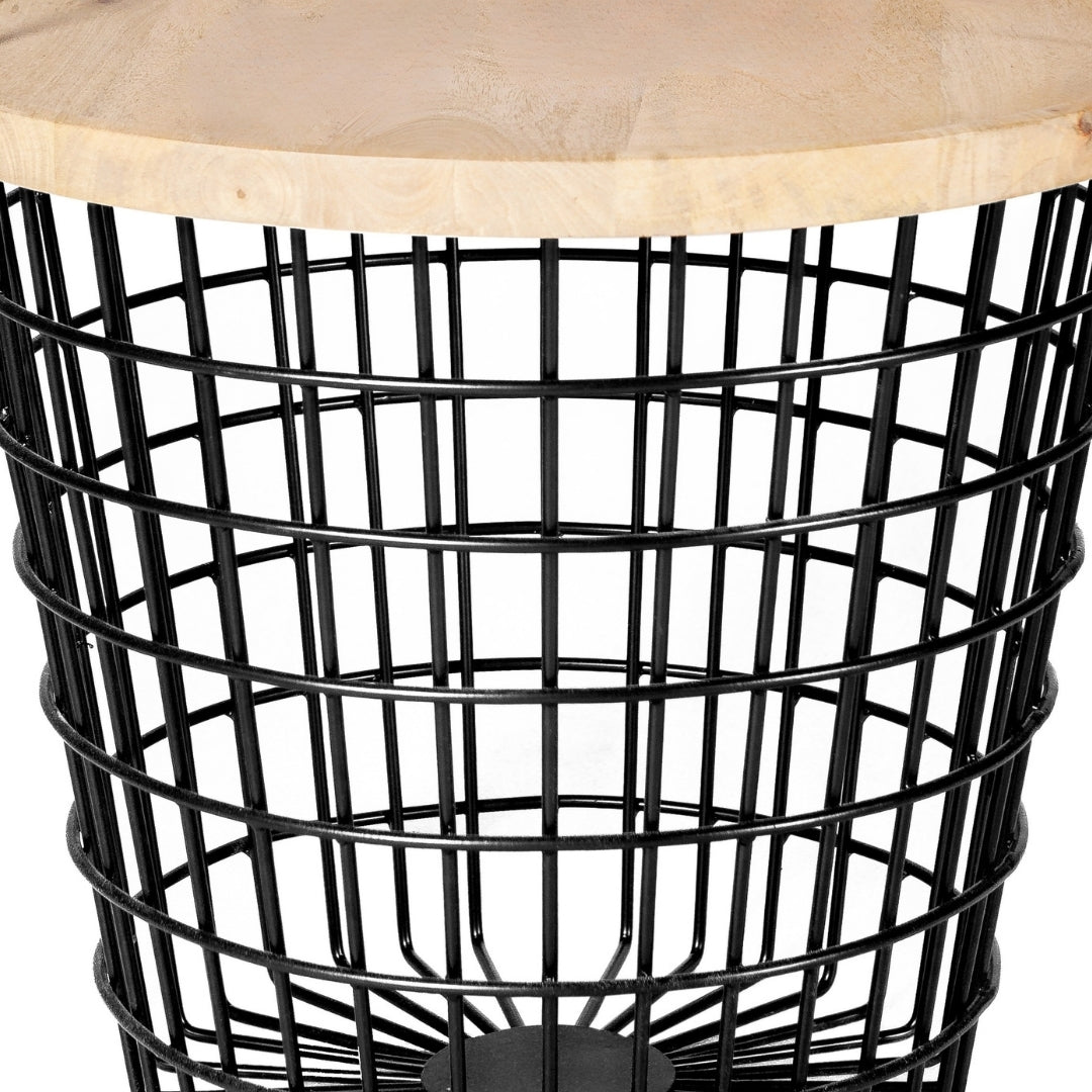Modern Round Wire Basket Storage Side Table with Wood Tray Top