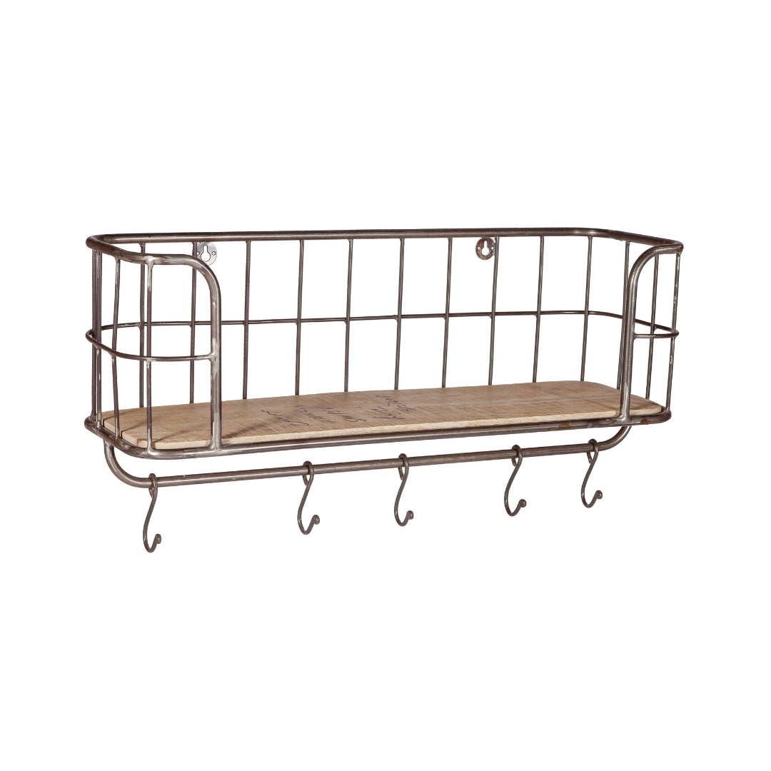 Industrial Wire Wall Basket Shelf with Wooden Base and Hooks