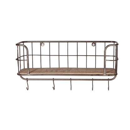 Industrial Wire Wall Basket Shelf with Wooden Base and Hooks