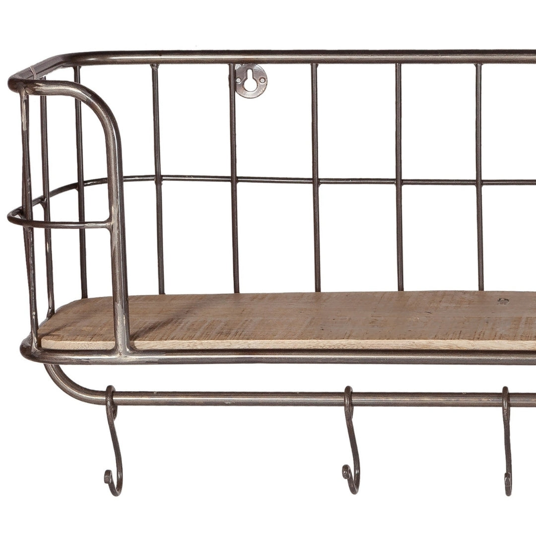 Industrial Wire Wall Basket Shelf with Wooden Base and Hooks
