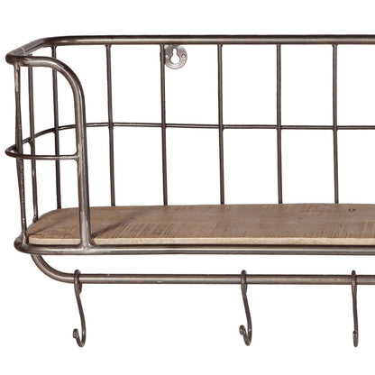Industrial Wire Wall Basket Shelf with Wooden Base and Hooks