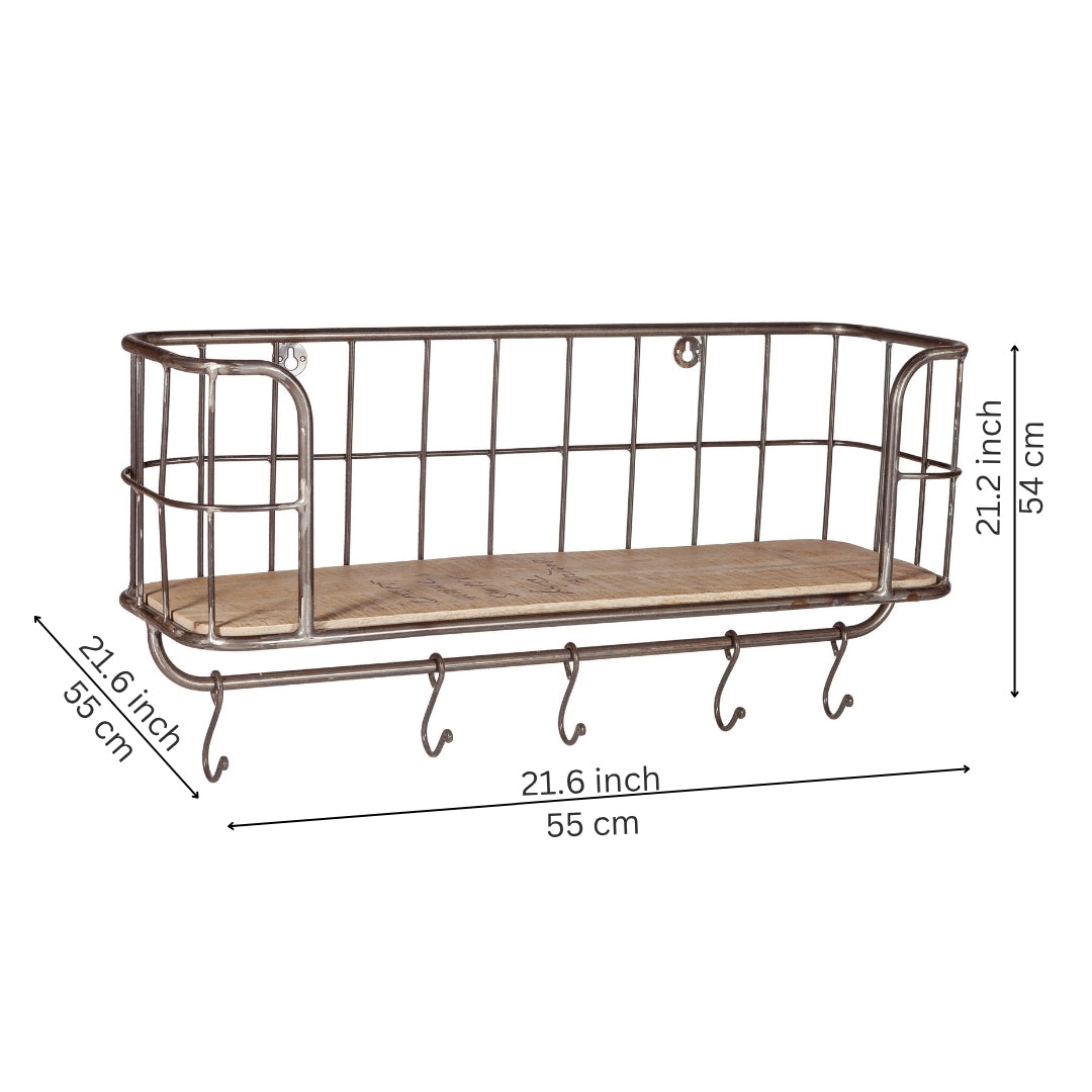 Industrial Wire Wall Basket Shelf with Wooden Base and Hooks
