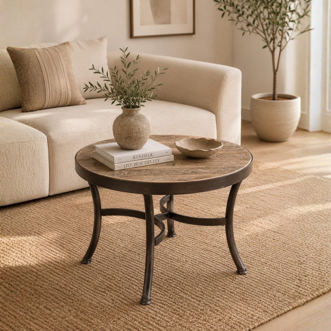 Industrial Round Coffee Table with Weathered Wood Top