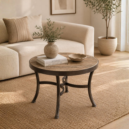 Industrial Round Coffee Table with Weathered Wood Top