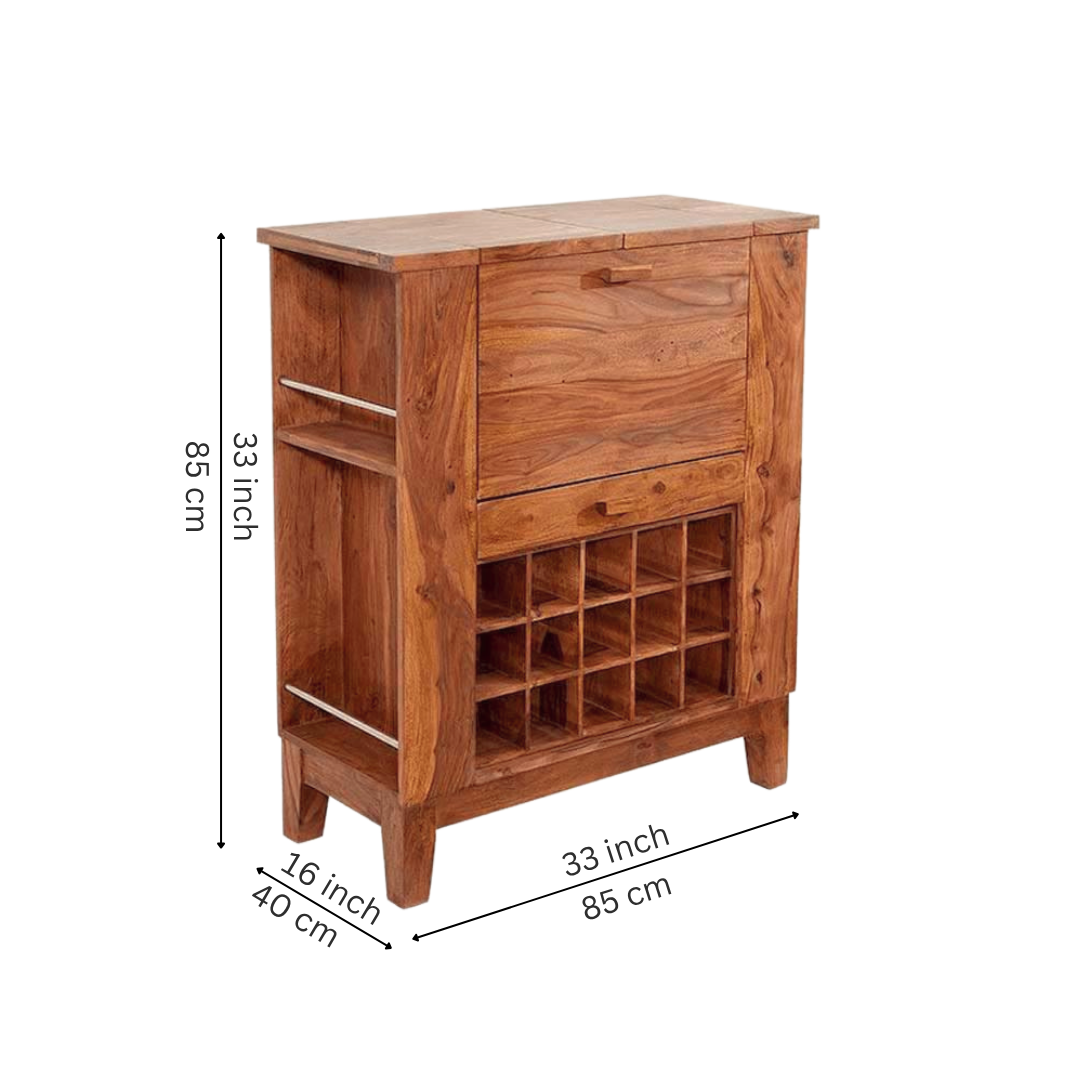 wooden wine cabinet with built-in wine rack, fold-out serving shelf, glass holders and bottle storage in modern living room